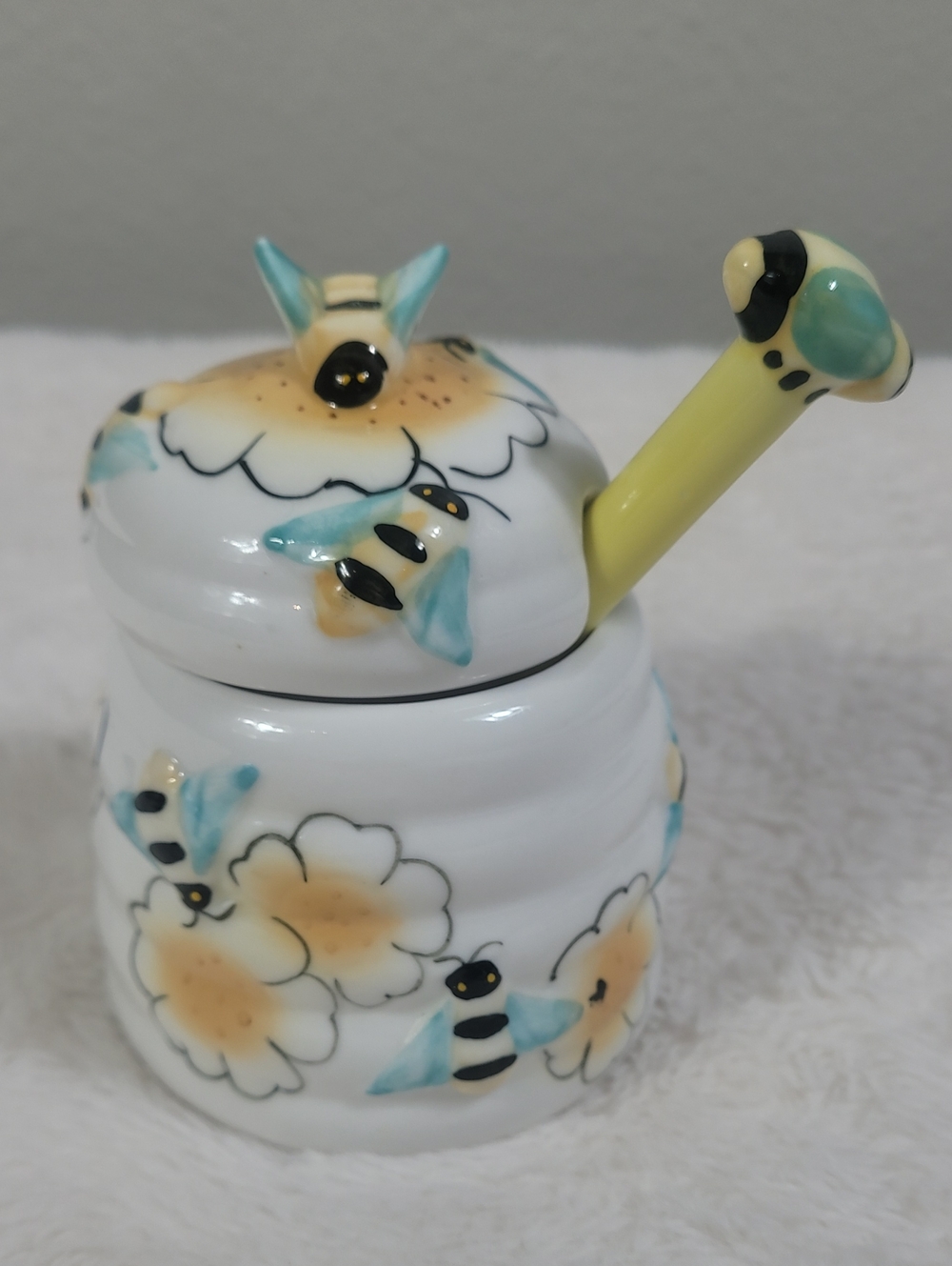 Whimsical Ceramic Honey Pot With Lid & Dipper
